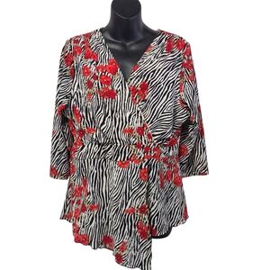Cactus Flower Women's Floral Print V-neck 3/4 Sleeve Stretch Blouse Size 1X